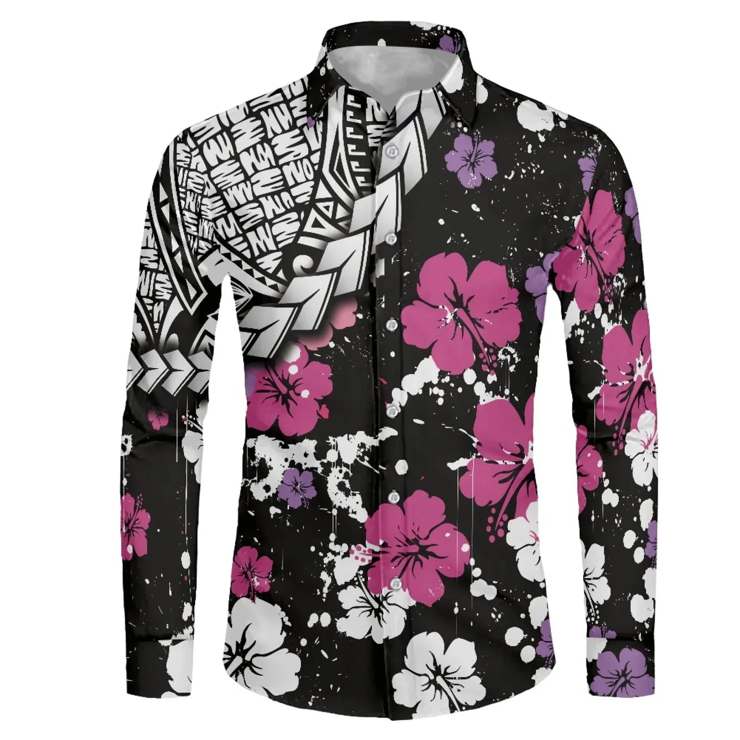 Polynesian Tribal Fijian Totem Tattoo Fiji Prints Men Party Shirt Long-Sleeved Button (USA SIZE XS S M L XL 2XL 3XL 4XL 5XL 6XL)