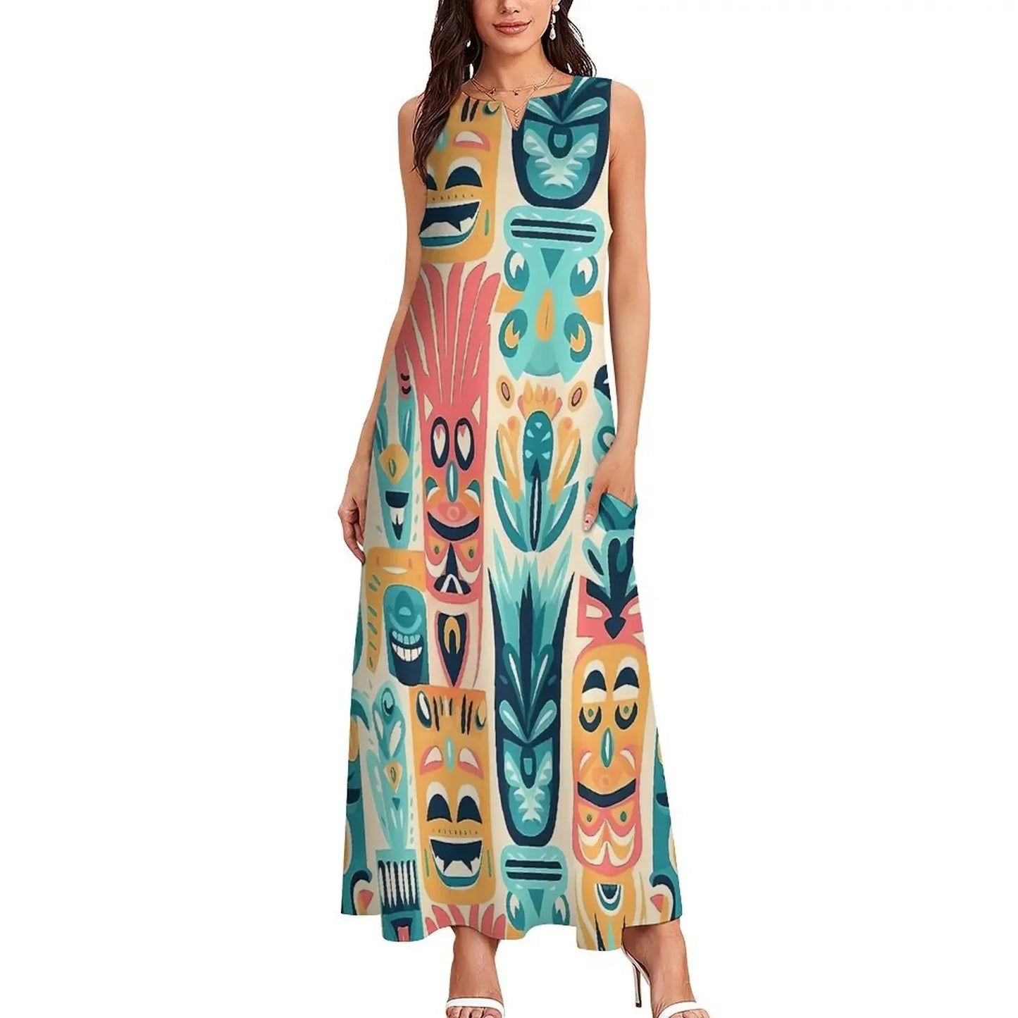 Sleeveless Hawaiian Dress For Women Spring Tropical Tiki Flowers Plants Boho Beach Long Dresses Female Casual Modern Maxi Dress
