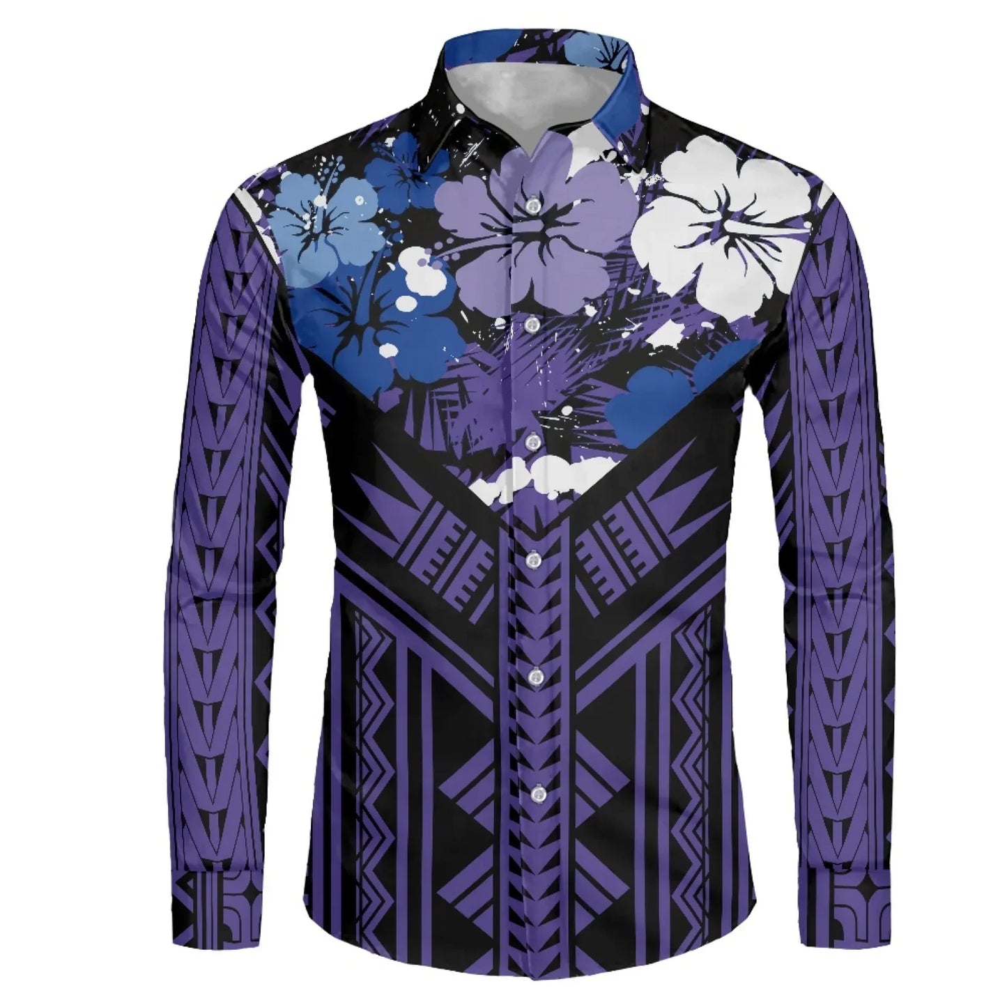 Polynesian Tribal Fijian Totem Tattoo Fiji Prints Men Party Shirt Long-Sleeved Button (USA SIZE XS S M L XL 2XL 3XL 4XL 5XL 6XL)