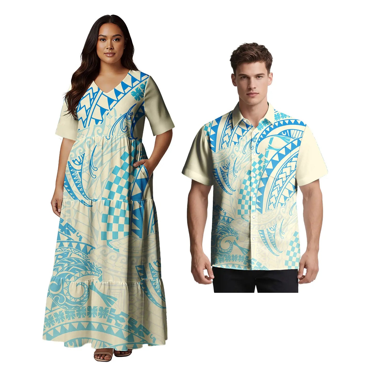 Samoan Ethnic Style Custom Clothes Polynesian Short Sleeve Women Dress Man Aloha T-Shirt Hawaiian Tribal Design Couple 2pc Set
